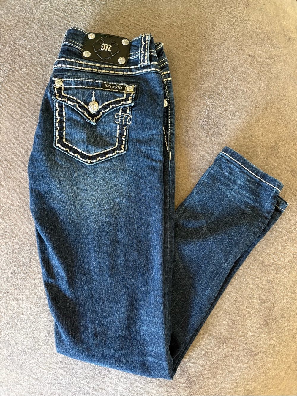 Y2K Miss Me Blue Relaxed Skinny Jeans with Embellished Back Pocket - size 26